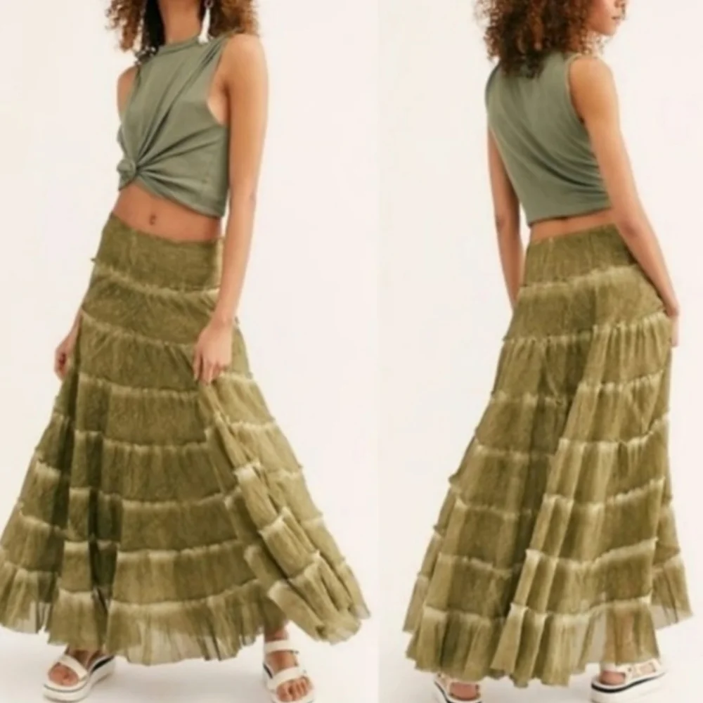Free People Stuck In A Moment  Maxi Skirt A Line Tiered Ruffle Hem Oregeno S NWT - Picture 16 of 16
